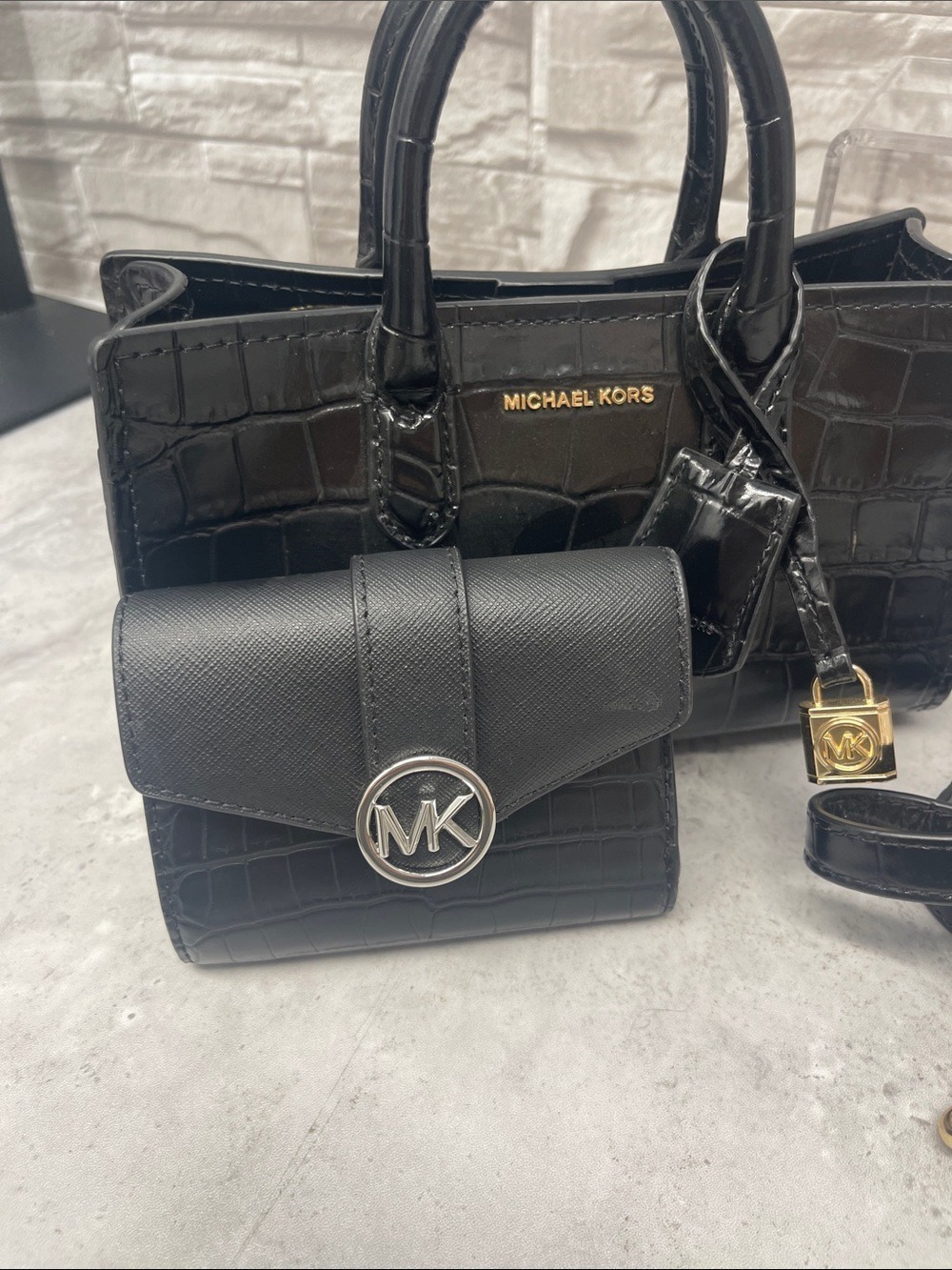 Michael Kors Scarlett XS Black Croc Embossed Satchel with Matching Wallet - Picture 10 of 13